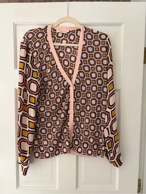 Geometric Print Button Cardigan Sweater XL Tory Burch Silk Sleeve